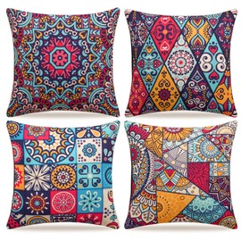 Set of 4 Throw Pillow Covers 45x 45cm Hippie Boho Floral Outdoor Cushion Covers Mandala Boho Linen Square Pillowcase for Sofa Outdoor Indoor Home Decor