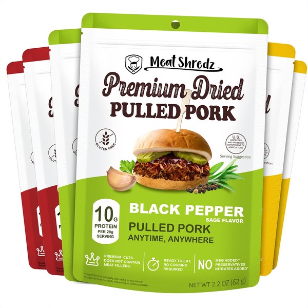 Meat Shredz - Premium Dried Pulled Pork (Variety, 6 Pack) | Gluten Free | High Protein & Low Sugar | Bacon Bits | Dehydrated Backpacking & Camping Food | Shredded, Dried Jerky Chew Snack