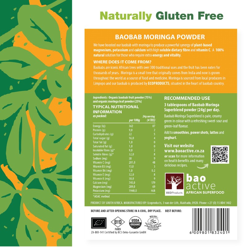 100% Baobab Moringa Powder Superblend Capsules | Direct from South