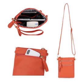 Solene Women's Faux Leather Organizer Multi Zipper Pockets Handbag With Detachable Wristlet Crossbody Bag-WU002(Carrot)