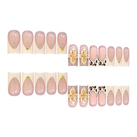 Jremg French Tip Press on Nails Medium Square Fake Nails with Gold Star Rhinestones Designs Leopard Print False Nails 3D Texture Flower Handmade Glue on Nails Reusable Acrylic Nails for Women 24Pcs