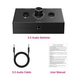 3.5mm Stereo Audio Switch 2-Way 3.5mm Switcher Manual Selector Audio Splitter Box 1 in 2 Out/2 in ONE Out Audio Sharing with Mute Button