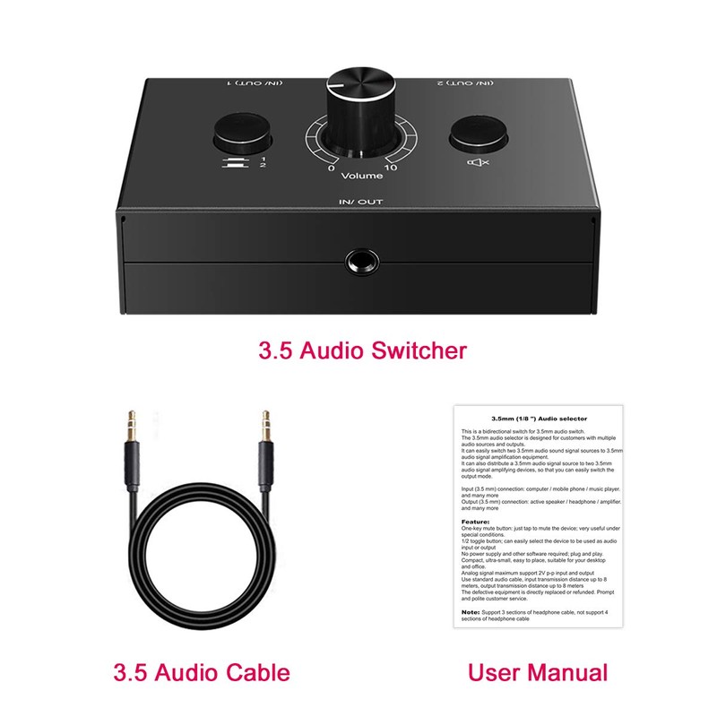 3.5mm Stereo Audio Switch 2-Way 3.5mm Switcher Manual Selector Audio