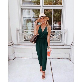 PRETTYGARDEN Women's Summer Casual Jumpsuits Wrap V Neck Sleeveless One Piece Pants Romper with Pockets (Dark Green,Medium)