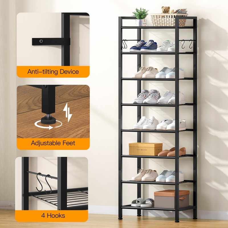 8 Tiers Narrow Shoe Rack 16-24 Pairs, Sturdy Metal Tall