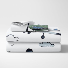 Sweet Jojo Designs Vintage Airplane Boy Twin Sheets Set Single Size Bed Flat Fitted Sheet Pillow Case Kids Childrens Teenager Bedding 3pc Grey Green Blue White Yellow Airplanes Transportation Clouds