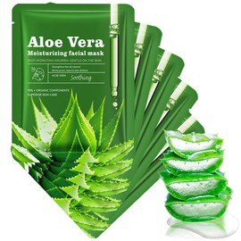 Aloe Vera Sheet Face Mask 5 Pack - Hydrating & Soothing Korean Skincare Treatment for Glowing Skin - Organic Collagen Facial Mask Set Suitable for All Skin Types