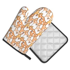 Cute Corgi Dog Oven Mitts and Pot Holders Set Kitchen Cooking Gloves Heat Resistant Pad for Baking BBQ Home Decor