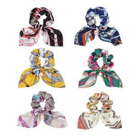 Yonchic 6-Piece Satin Pearl Bowknot Elastic Hair Ties, Simple Style Geometric Print Scrunchies Ponytail Holders, Soft Elegant Bow Hair Ribbon Hair Accessories