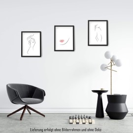 ChicResult Line Art Wandbilder Red Lips 3er Set moderne Poster - Deko Bilder für Wohnzimmer, Schlafzimmer, Flur - Wanddeko, Frauen, Lippen (DIN A4 ohne Bilderrahmen)