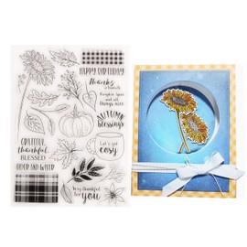 Arbuya Autumn Blessings Pumpkin Clear Stamps for Card Making or Journaling, Sunflower Fall Leaves Sentiment Thanks Rubber Stamps for Albums Journals Scrapbooking Paper Crafts Decoration-AT1895