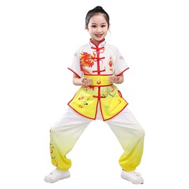 YEMYIQZ Kids Kung Fu Uniform for Boys Girl Chinese Traditional Tai Chi Wushu Suits Short Sleeved Martial Arts Uniform, Yellow, Small