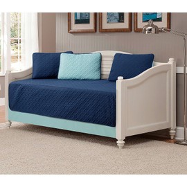 Linen Plus 5pc Daybed Cover Solid Embossed Bedspread New (Navy Blue/Light Blue)