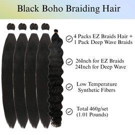 Black Braiding Hair Pre stretched for Boho Braids Deep Wave Curly Braiding Hair Extensions for Bohemian Braids Hypoallergenic Synthetic ez Braid