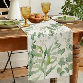 YianHien Table Runner Green Beige Green Eucalyptus Table Runner Washable Decorative Table Runner Elegant Table Decoration for Birthdays and Weddings Colourful Decoration for Special Occasions 33 x 183