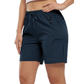 BASUDAM Women's Athletic Shorts Quick Dry Cargo Lightweight Zipper Pockets Summer Outdoor Hiking Running Navy M