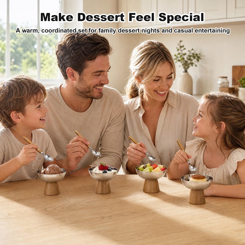 Lonshield Stainless Steel Dessert Bowls Set of 4 with Wooden