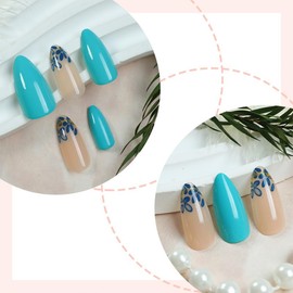French Tip Press on Nails Medium Almond Fake Nails Light Blue False Nails with Gold Glitter Lines Designs Flower Acrylic Nails Full Cover Glue on Nails for Women Girls Nail Supplies 24Pcs