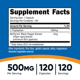 Nutricost L-Tryptophan 500mg, 120 Capsules - with BioPerine, Gluten Free, Non-GMO