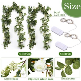 2 Pieces 6.5 Ft Artificial Eucalyptus Garland with Rose Flowers, Wedding Centerpiece Table Decor 20 LED Lights Silk Spring Garland Hanging Decoration for Table Runner Arch Door Decor