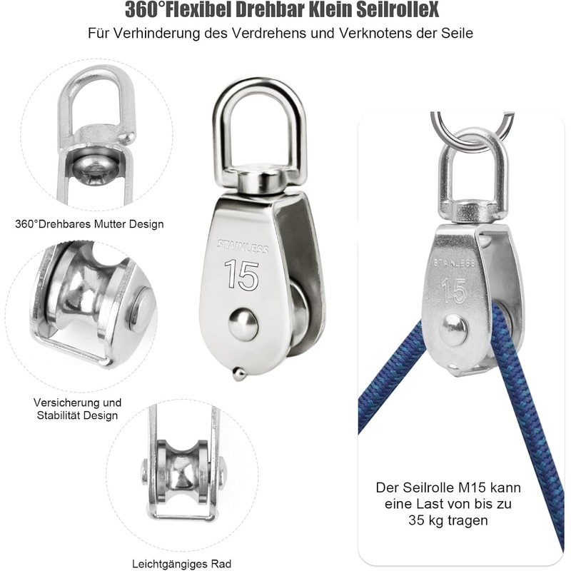 BOBOZHONG Single Pulley,2 Piece M15 Pulley Swing Roller,Block Rope Roller