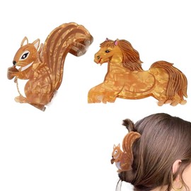 2Pcs Cartoon Acrylic Animal Hair Claw Clip,Horse&Squirrel Shape Hair Claw Cute Large Shark Jaw Clip Non-Slip Hair Barrettes Hair Accessories for Women