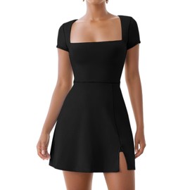Dokuritu Womens Golf Dress Short Sleeve Square Neck Summer Active Exercise Athletic Dresses with Built in Shorts & Bra Black
