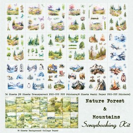 Dwpetzo 54 Sheets Nature Forest Mountain Lake Outdoor Landscape Scrapbooking Kit, Precut PET Washi Stickers with Scrapbook Paper for Junk Journaling, Scrapbook Supplies, Bujo, Planner