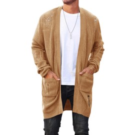 Runcati Men's Long Cardigan Sweater Casual Open Front Shawl Collar Long Sleeve Ripped Sweater with Pockets Khaki