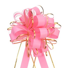 MECCANIXITY 5pcs 8 Inch Large Big Pull Bow with Gold Edge, Organza Car Gift Wrapping Bow Ribbon for Wedding Car Baskets Presents Christmas Bow, Pink