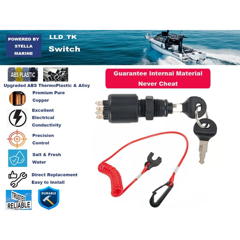 Johnson, Evinrude, OMC Ignition Key Switch & Safety Lanyard 5005801,