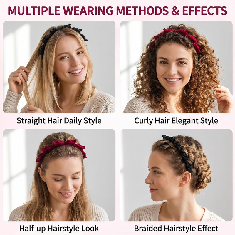 4 Pack Bangs Headband with Clips, 90s Velvet Hairhoop, Professional