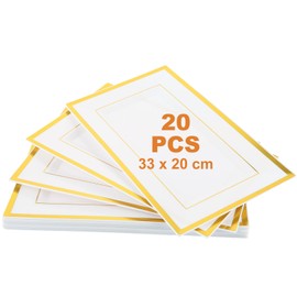 SHUESS 20 Pcs White Plastic Serving Platter with Gold Border - 33 x 20 cm Rectangle Reusable Platters for Party Food - Elegant Food Trays for Serving Party, Buffets, Weddings, Birthdays, Christmas