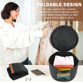 QWLWBU Hat Storage Box,Hat Box for Travel,17 x 10in Round Hat Organizer Box Foldable Felt Hat Box with Lids,Storage Bin Suitable for Cowboy Hats,Baseball cap Caps,Panama Tweed Hats