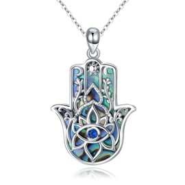 YEESIA Hand der Fatima Halskette für Damen 925 Sterling Silber Sonne-Mond-bösem Blick Anhänger mit Zirkon bösem Blick Lotus Halskette mit Abalone Amulett Schmuck für Damen