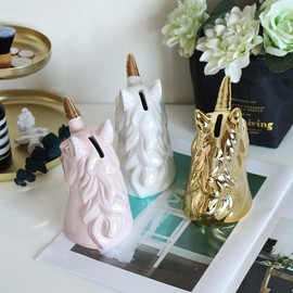 Hosoncovy Ceramic Unicorn Piggy Bank Money Box Kids Bedroom Decoration Birthday Gifts (Gold)