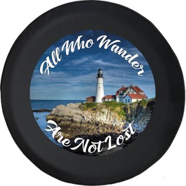Funny Spare Tire Wheel Cover for Camper SUV Trailer Truck RV JP Thick PVC Leather | Lighthouse All Who Wander are Not Lost Black 32 Inch