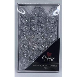 Set of 6 Silver 8cm Diamante Glitter Mesh Jewelled Butterfly 3D Decorative Butterflies Wedding Home Party Event Craft Embellishment Festive Stylish Xmas Tree Christmas Decoration Curtain Clip On