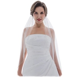 SAMKY 1T 1 Tier Wavy Crystal Beaded Wedding Veil - Light Ivory Elbow Length 30" V323