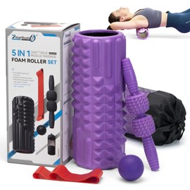 Zmarthumb 5 in 1 Foam Roller Set, Trigger Point Back Roller, Muscle Roller Stick, Massage Ball, Massage Roller, Resistance Band for Deep Tissue Massage Fitness Exercise Yoga Pilates(Purple)
