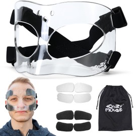 CrazyMouse CM01A Nose Guard for Broken Nose Adjustable Basketball Soccer Sports Face Shield Mask with Foam Padding for Adults Women Men Youth Teens (Clear+X Belt)