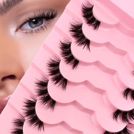 7P-CZ-204 Clear Band Half Eyelashes, Cat Eye, 15 mm Short Cat Eye Artificial Eyelashes, Natural Look, 1/2 Corner False Eyelashes Set, 3/4 Corner Eyelashes, Reusable, Lightweight Makeup Eyelashes