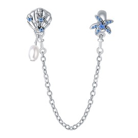 Amuefer Safety Chain Charms for Bracelets 925 Sterling Silver with Cubic Zirconia Shell Puppy Heart Love Devil's Pupil Spacer Birthday Christmas Women, Silver, Cubic Zirconia