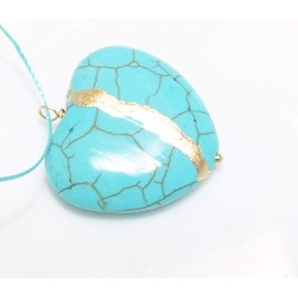 Kintsugi Turquoise Howlite Very Large Smooth Heart Mended with 23k Gold, Cord Necklace