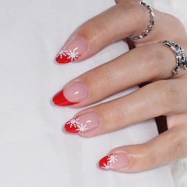 Leefrei French Tip Press on Nails - Glossy Red Press on Nail with Snowflakes, Short Almond Fake Nails Reusable Nails Press ons for Women, 32 Pieces in 16 Sizes False Nails Kit with Glue, Crimson Snow