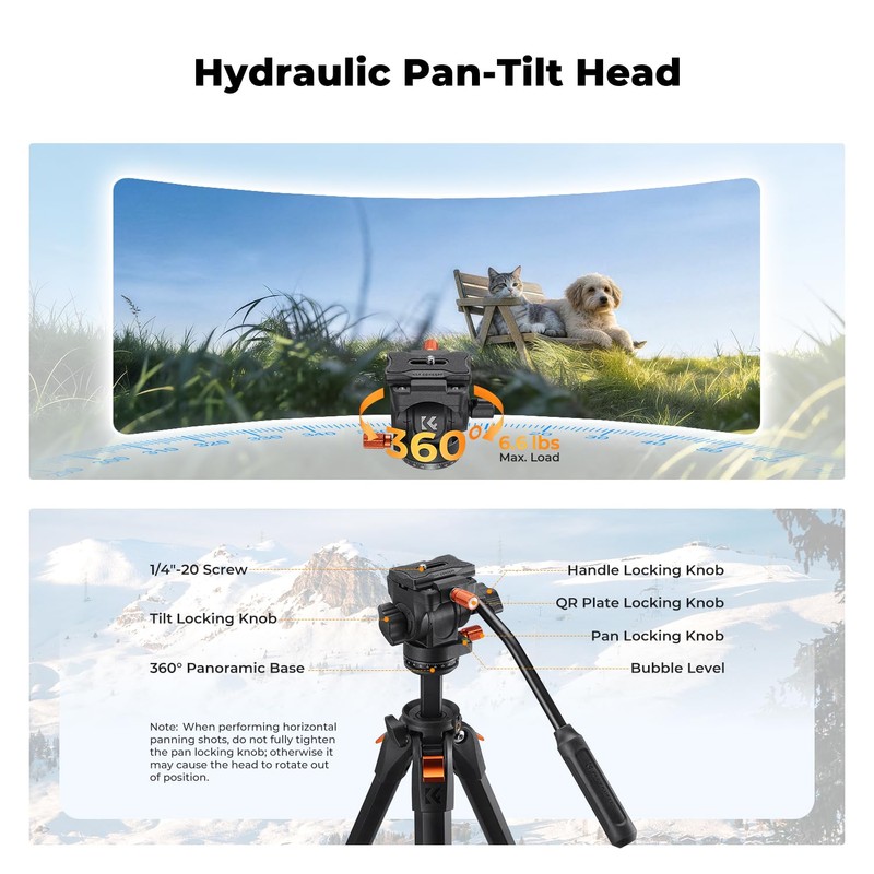 K&F CONCEPT 73” Camera Tripod with Fluid Head, Aluminum Travel