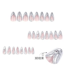 French Tip Press on Nails Medium Almond Fake Nails Silver 3D Full Cover Glue on Nails French Tip Oval Acrylic False Nail Glossy Artificial Nail Reusable for Women