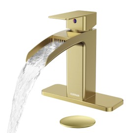 Bathroom Faucets, Single Handle 1 or 3 Hole Bathroom Sink Faucet with Pop-up Drain, Stainless Steel Waterfall Faucet for Bathroom Sink, Faucet with Deck Plate for Vanity RV Outdoor, Brushed Gold