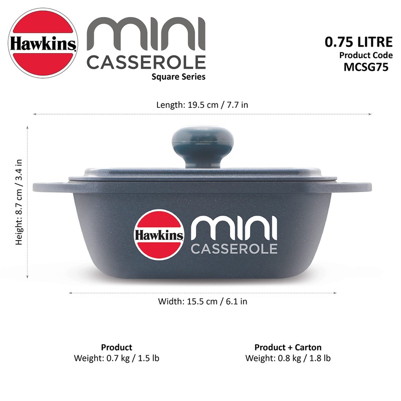 Hawkins 0.75 Litre Mini Casserole with Lid, Square Series Die-Cast