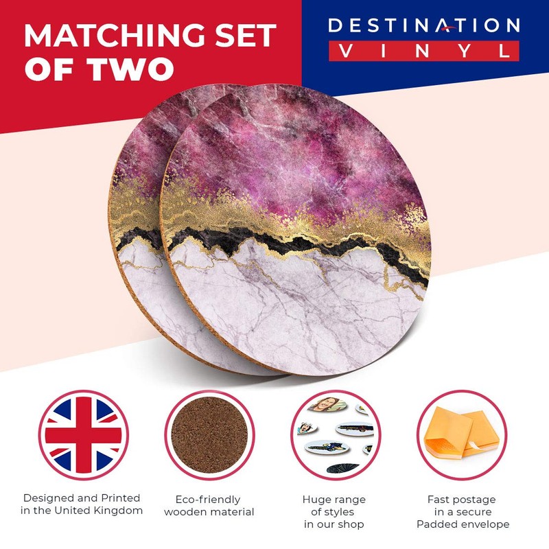 2 x Round Coasters - Pink & Grey Marble Effect
